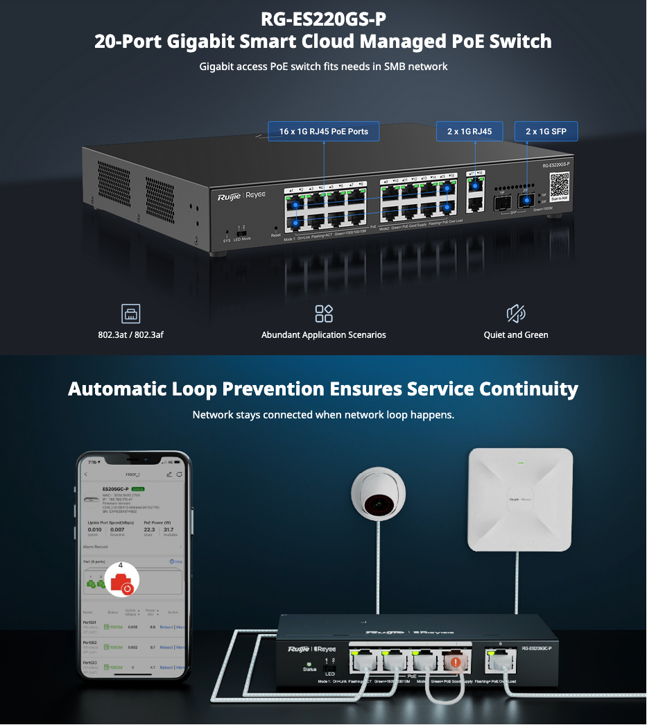 Ruijie Reyee RG-ES220GS-P — 20-Port Gigabit Smart Cloud Managed PoE Switch (250W)
