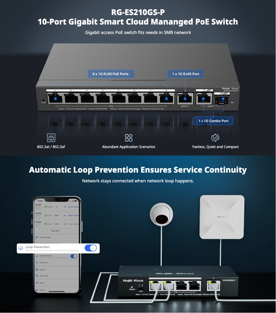Ruijie Reyee RG-ES210GS-P — 10-Port Gigabit Smart Cloud Managed PoE Switch (120W)