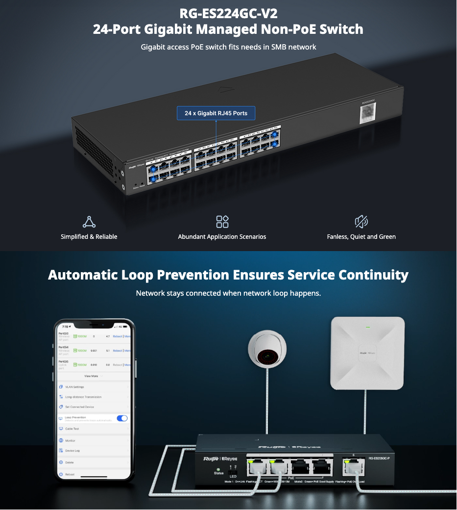 Ruijie Reyee RG-ES224GC-V2 — 24-Port Gigabit Smart Cloud Managed Non-PoE Switch