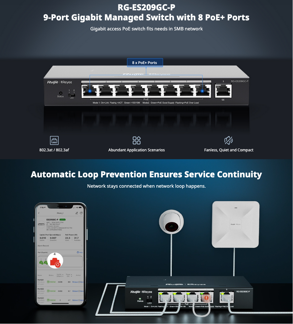 Ruijie Reyee RG-ES209GC-P — 9-Port Gigabit Smart Cloud Managed PoE Switch (120W)