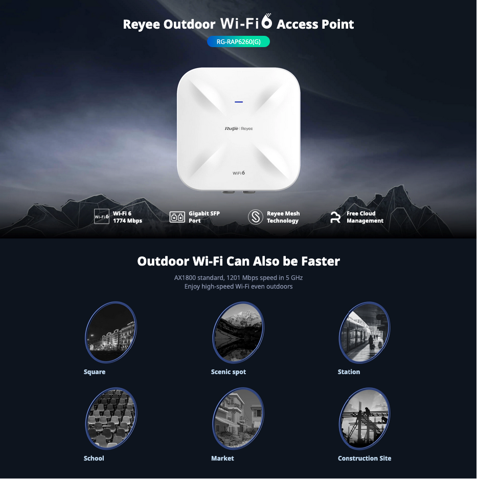 Ruijie Reyee RG-RAP6260(G) — Wi-Fi 6 AX1800 Outdoor Omnidirectional Access Point (IP68)