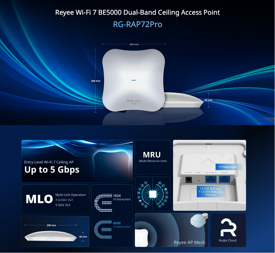 Ruijie Reyee RG-RAP72Pro — Wi-Fi 7 BE5000 Dual-Band Ceiling Access Point (5011 Mbps)