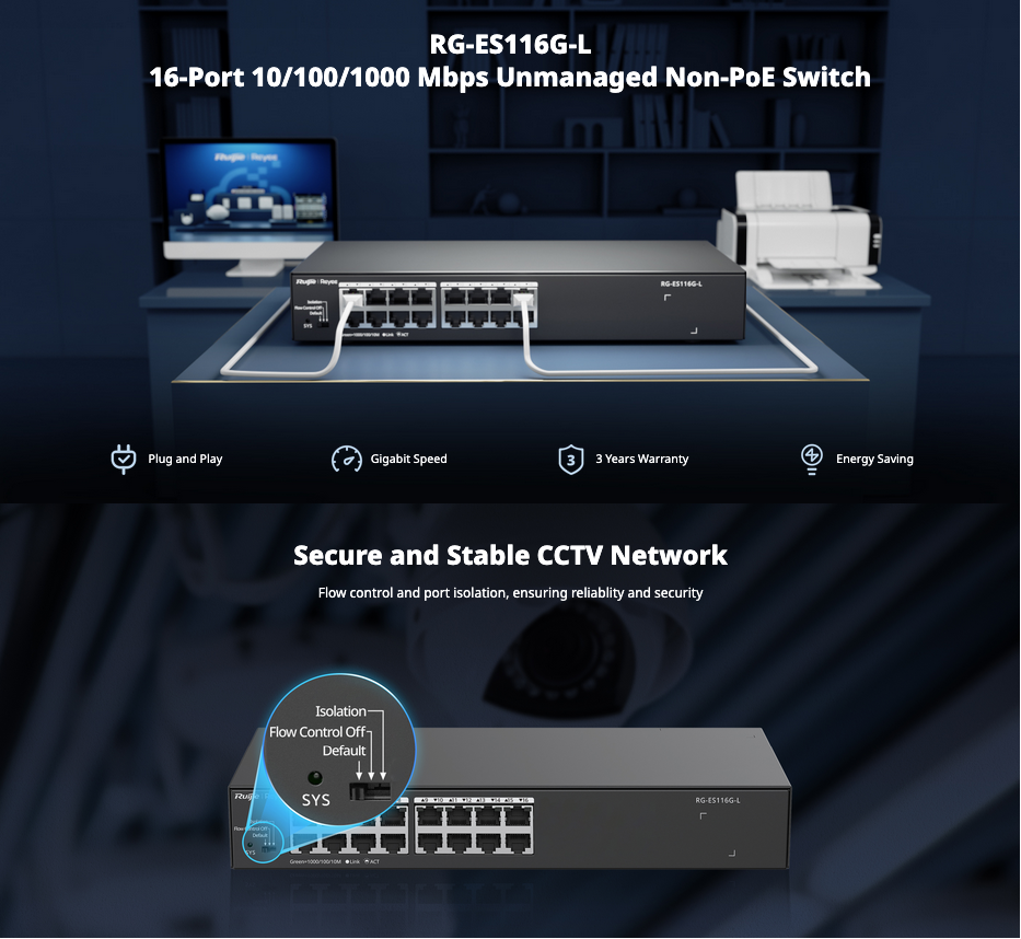 Ruijie Reyee RG-ES116G-L — 16-Port Gigabit Unmanaged Non-PoE Switch (Fanless, Rack-Mount) view 2