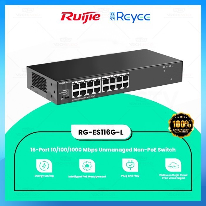 Ruijie Reyee RG-ES116G-L — 16-Port Gigabit Unmanaged Non-PoE Switch (Fanless, Rack-Mount)