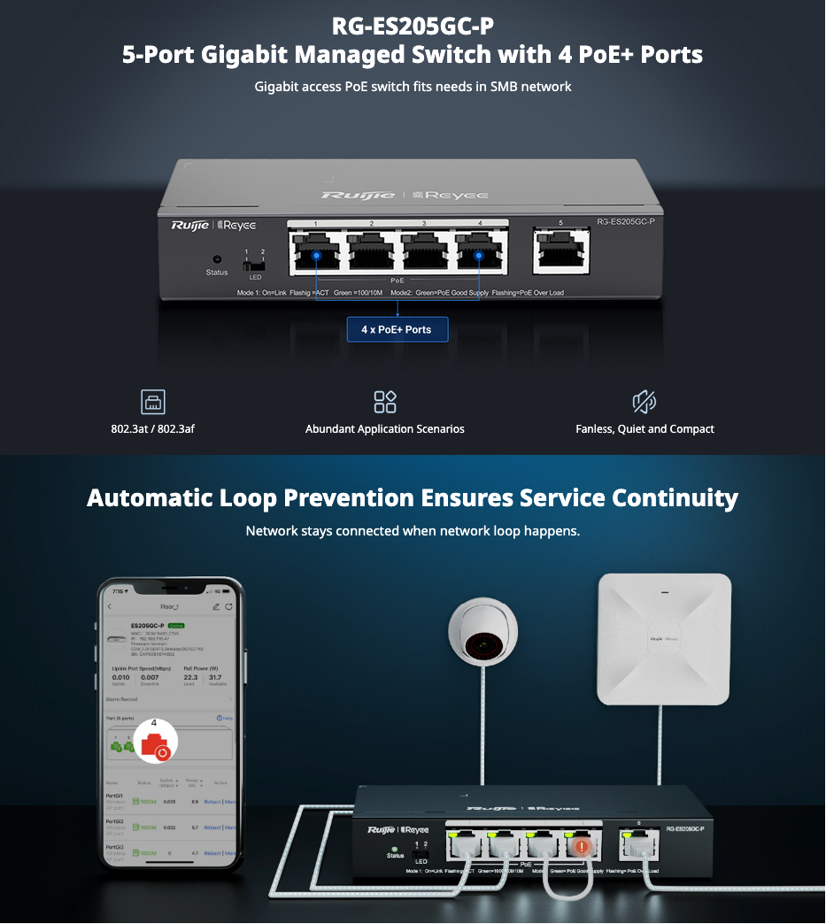 Ruijie Reyee RG-ES205GC-P — 5-Port Gigabit Smart Cloud Managed PoE Switch (54W, Compact) view 2